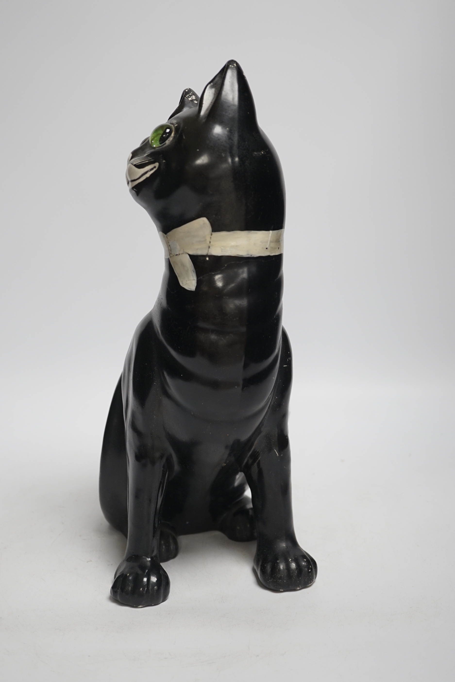 A Gallé style black glazed model cat with glass eyes, possibly Mosanic, 33cm high